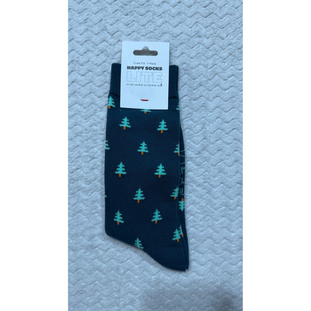 Happy Socks Lite Crew Fit Navy Blue Evergreen Tree Pattern Socks US M 8-12
